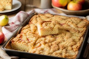Saftiger Apfel-Streuselkuchen vom Blech mit knusprigen Streuseln und frischen Sommeräpfeln, goldbraun gebacken