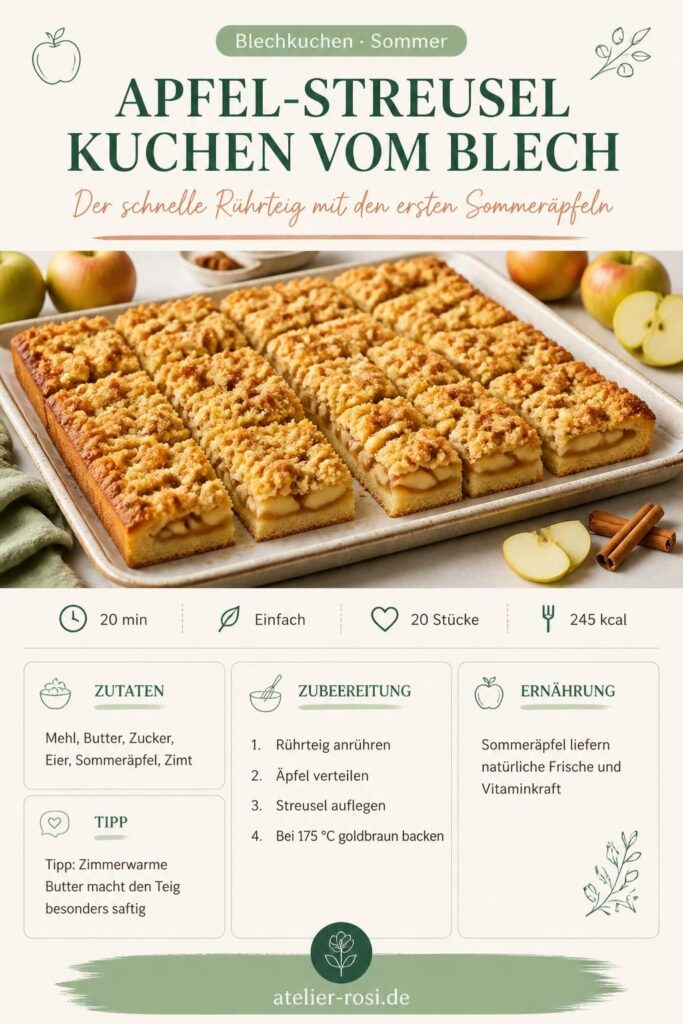 Apfel-Streuselkuchen vom Blech mit goldbraunen Streuseln und Sommeräpfeln – Pinterest-Rezeptkarte