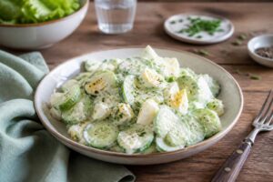 Gurken-Eiersalat ohne Mayonnaise mit cremigem Joghurt-Dressing, Dill und Schnittlauch in einer weißen Schüssel