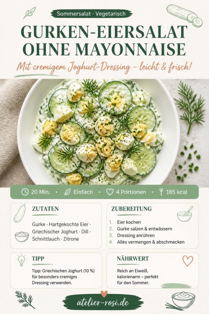 Gurken-Eiersalat ohne Mayonnaise mit cremigem Joghurt-Dressing, Dill und Schnittlauch – Pinterest Rezeptkarte