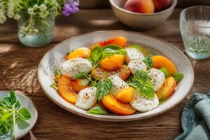 Fruchtiger Sommersalat mit Plattpfirsich, Gurke, Feta und frischen Kräutern auf einem hellen Teller, sommerlich angerichtet