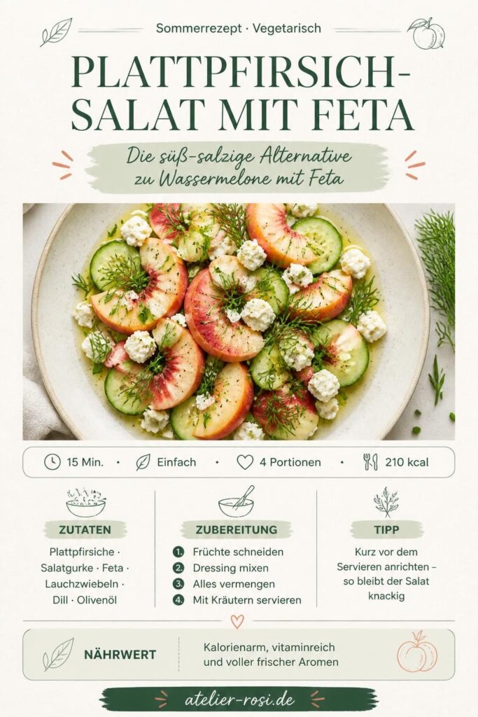 Plattpfirsich-Salat mit Feta, Gurke und Kräutern auf einem Teller, Pinterest-Pin