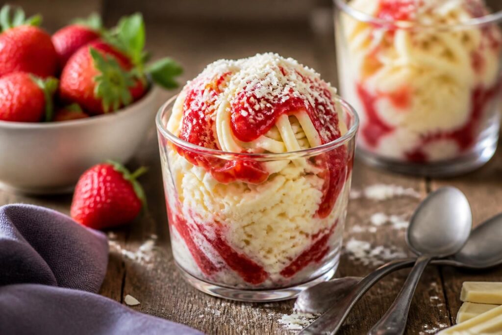 Spaghetti-Eis-Dessert im Glas mit Erdbeersauce, weißen Schokoraspeln und frischen Erdbeeren, serviert auf einem hellen Holztisch
