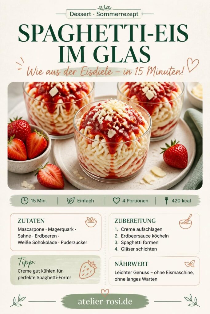 Spaghetti-Eis-Dessert im Glas mit Erdbeersauce und weißen Schokoraspeln – Pinterest Pin