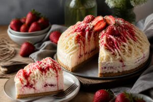 Spaghetti-Eis-Torte ohne Backen und ohne Gelatine mit frischen Erdbeeren und weißer Schokolade auf einem Kuchenteller, Draufsicht