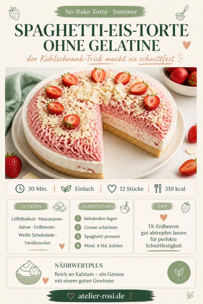 Spaghetti-Eis-Torte ohne Backen und ohne Gelatine – Pinterest-Bild mit Rezept
