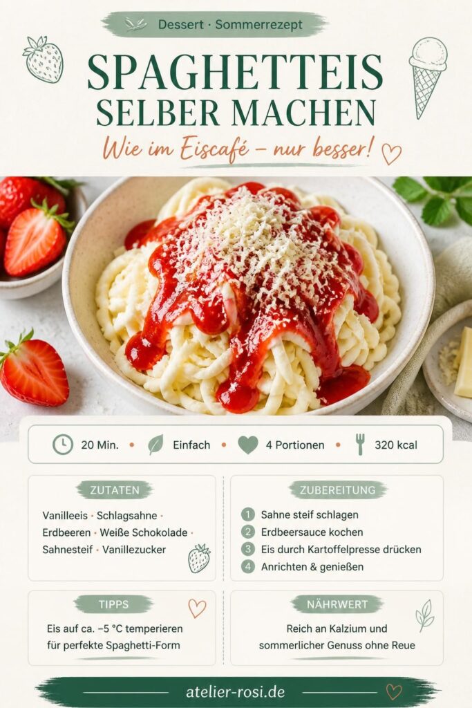 Selbstgemachtes Spaghettieis mit Erdbeersauce und weißen Schokoladenraspeln – Pinterest-Rezeptkarte von atelier-rosi.de