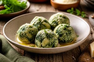 Selbstgemachte Spinatknödel auf einem weißen Teller, übergossen mit Salbeibutter und geriebenem Parmesan, auf einem Holztisch serviert