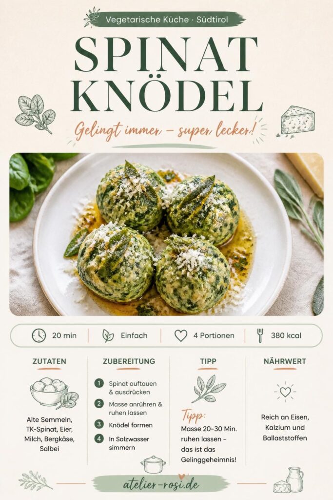Spinatknödel mit Salbeibutter und Parmesan auf einem weißen Teller – gelingsicheres Südtiroler Rezept von atelier-rosi.de