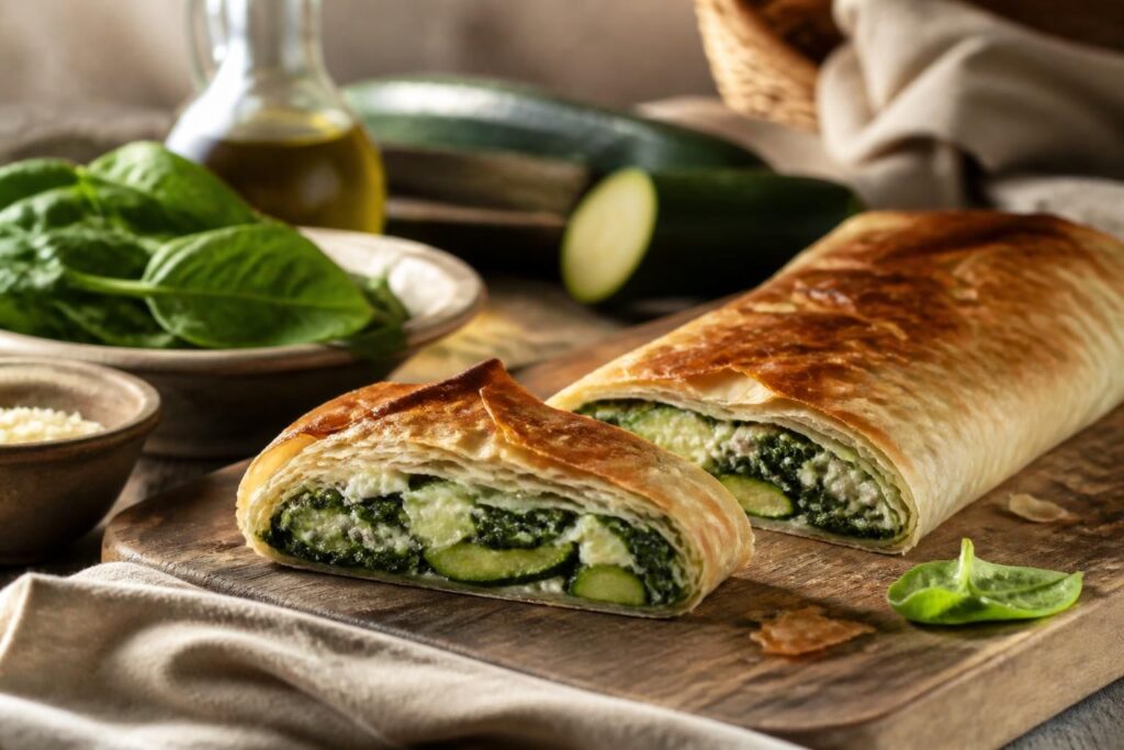 Frisch gebackener Spinatstrudel mit Zucchini und Ricotta auf einem Holzbrett, goldbraun und knusprig, angeschnitten mit sichtbarer grüner Füllung