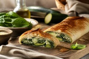 Frisch gebackener Spinatstrudel mit Zucchini und Ricotta auf einem Holzbrett, goldbraun und knusprig, angeschnitten mit sichtbarer grüner Füllung