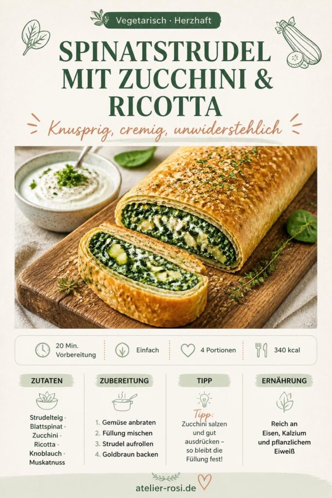 Spinatstrudel mit Zucchini und Ricotta, goldbraun gebacken und angeschnitten auf einem Holzbrett