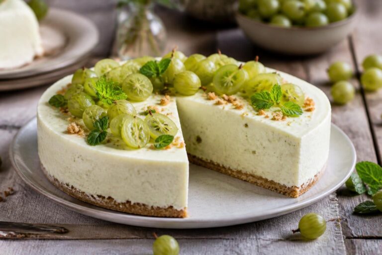 Stachelbeer-Frischkäse-Torte ohne Backen auf einem Keksboden, angeschnitten auf einer Tortenplatte, mit frischen Stachelbeeren dekoriert