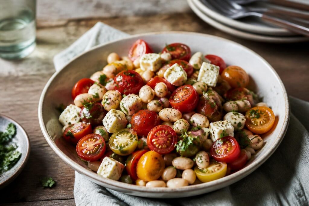 Tomaten-Bohnen-Salat mit Feta, Cherrytomaten und roter Zwiebel in einer weißen Schüssel, beträufelt mit Olivenöl und Balsamico, von oben fotografiert