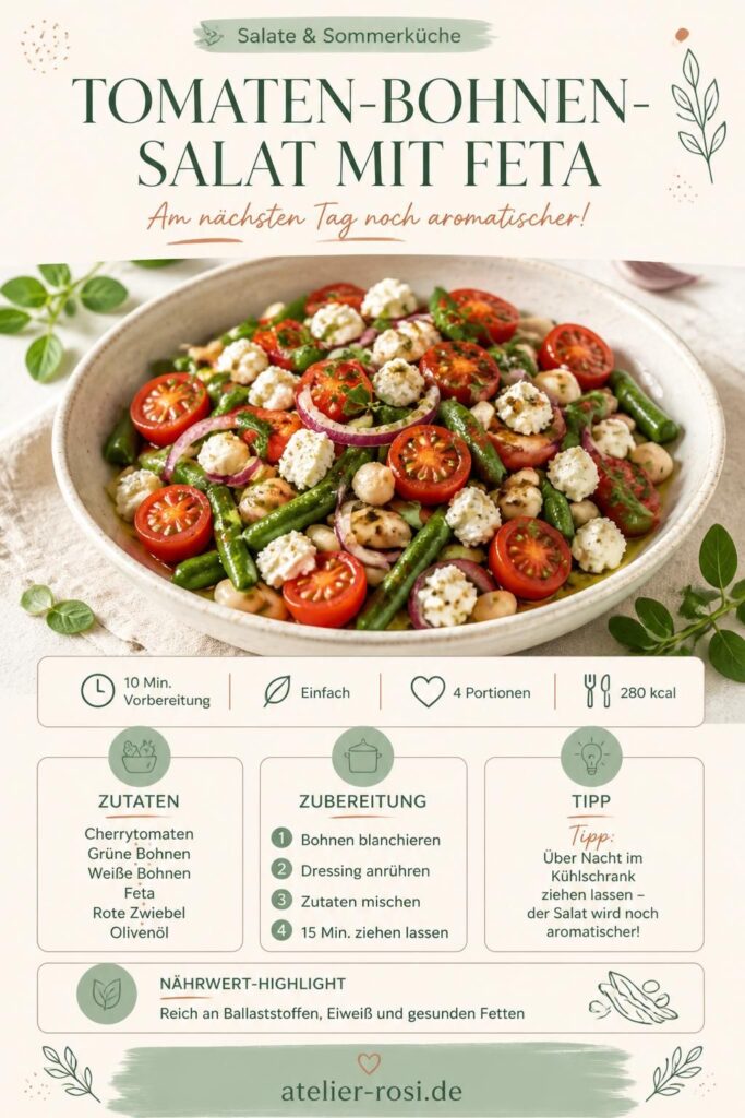 Tomaten-Bohnen-Salat mit Feta in einer weißen Schüssel, Pinterest-Rezeptbild