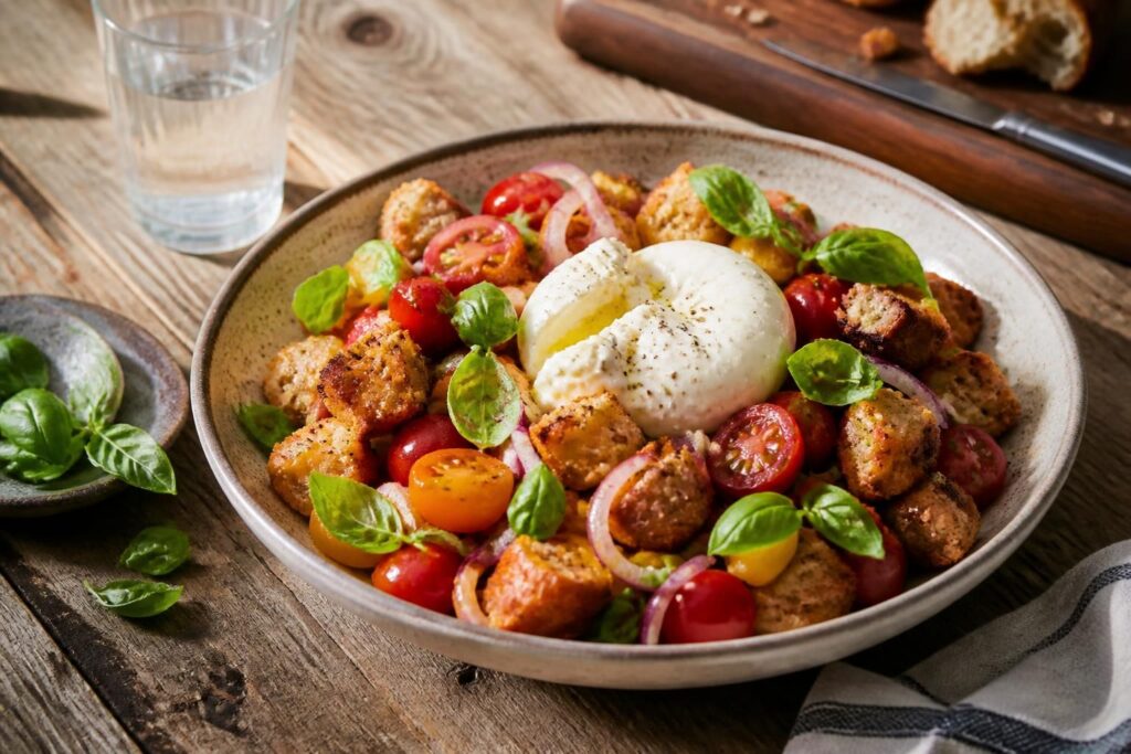 Tomaten-Brotsalat mit Burrata in einer Schüssel: goldbraun geröstetes Ciabatta, reife Tomaten, frisches Basilikum und aufgerissene Burrata mit cremigem Kern