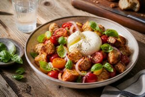 Tomaten-Brotsalat mit Burrata in einer Schüssel: goldbraun geröstetes Ciabatta, reife Tomaten, frisches Basilikum und aufgerissene Burrata mit cremigem Kern