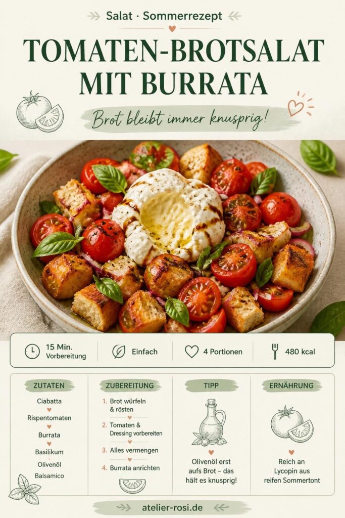 Tomaten-Brotsalat mit Burrata, geröstetem Ciabatta und frischem Basilikum – Pinterest-Bild