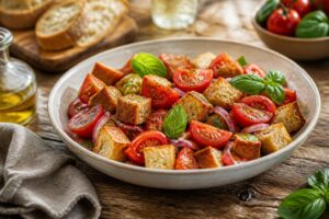 Panzanella – toskanischer Tomaten-Brotsalat mit altem Ciabatta, reifen Rispentomaten, frischem Basilikum und Olivenöl, angerichtet in einer rustikalen Schüssel