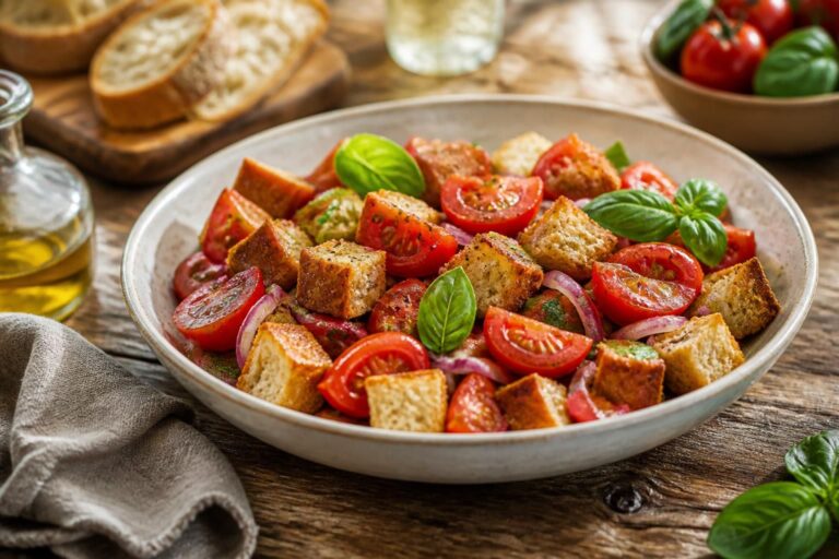 Panzanella – toskanischer Tomaten-Brotsalat mit altem Ciabatta, reifen Rispentomaten, frischem Basilikum und Olivenöl, angerichtet in einer rustikalen Schüssel