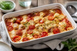 Tomaten-Feta-Auflauf frisch aus dem Ofen in einer Auflaufform, mit Kirschtomaten, goldbraun gebackenem Feta und frischen Kräutern