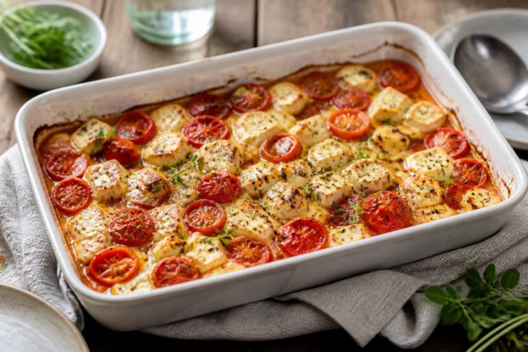 Tomaten-Feta-Auflauf frisch aus dem Ofen in einer Auflaufform, mit Kirschtomaten, goldbraun gebackenem Feta und frischen Kräutern