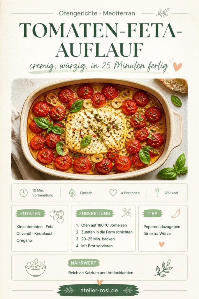 Tomaten-Feta-Auflauf aus dem Ofen in einer Keramikform, cremiger Feta mit Kirschtomaten und Basilikum