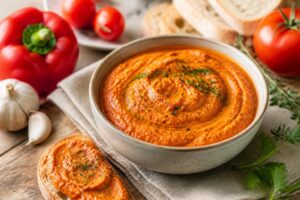 Tomaten-Paprika-Aufstrich im Glas, frisch aus dem Mixer zubereitet, mit Brot und frischen Kräutern auf einem Holzbrett