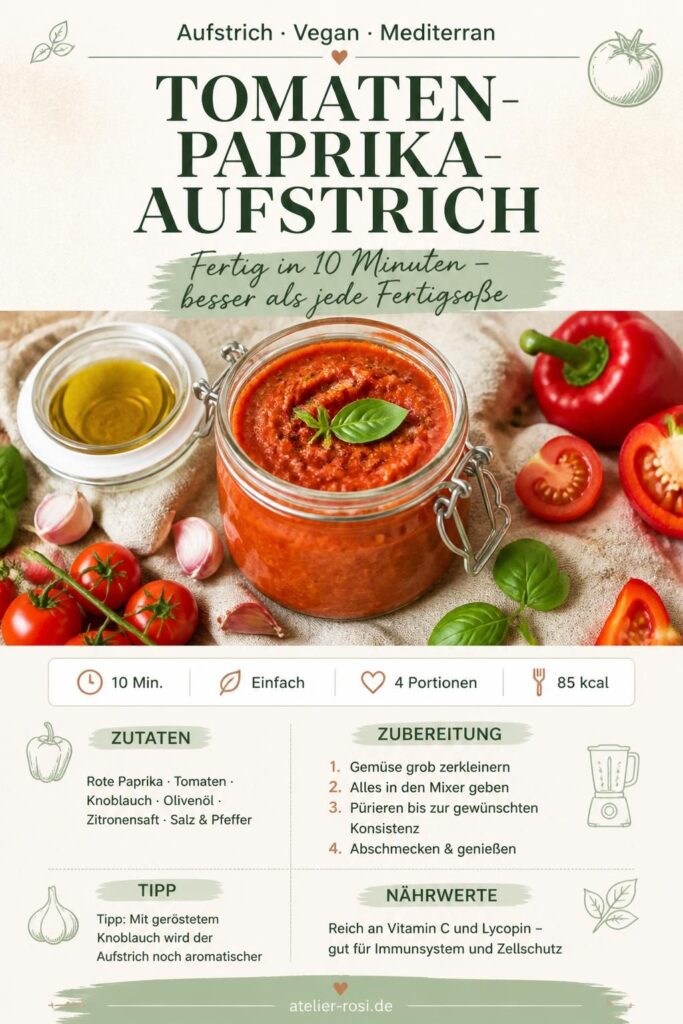 Tomaten-Paprika-Aufstrich im Glas, frisch aus dem Mixer, mit Brot und Kräutern auf einem Holzbrett