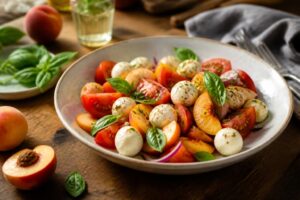 Tomaten-Pfirsich-Salat mit Büffelmozzarella, Rucola und Balsamico-Dressing auf einem weißen Teller, angerichtet für einen Sommergrillabend