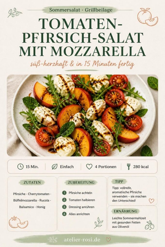 Tomaten-Pfirsich-Salat mit Mozzarella auf einer Servierplatte – Pinterest-Pin für den Grillabend