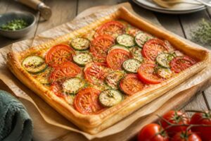 Tomaten-Zucchini-Tarte mit Blätterteig auf einem Holzbrett, mit frischen Kirschtomaten, Zucchini und Kräutern der Provence, knuspriger goldbrauner Boden sichtbar
