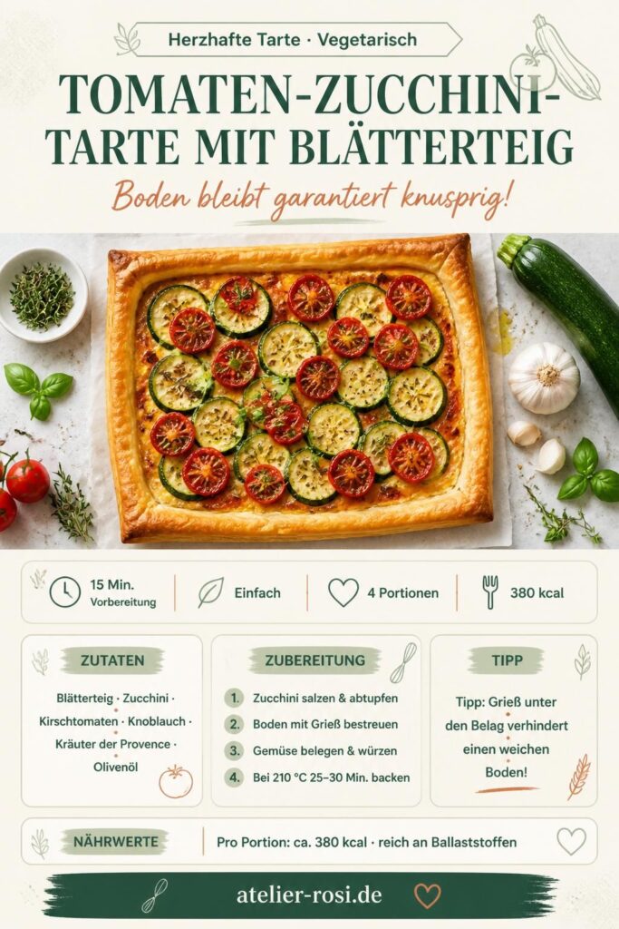 Tomaten-Zucchini-Tarte mit Blätterteig, knuspriger Boden, Kirschtomaten und Kräuter der Provence