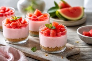 Wassermelonen-Cheesecake im Glas ohne Backen und ohne Gelatine – sichtbare Schichten aus Keksboden, cremiger Frischkäsecreme und frischen Wassermelonenwürfeln, garniert mit Minze