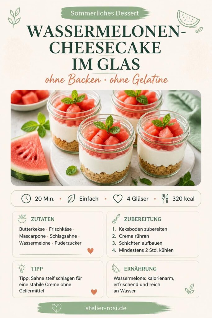 Wassermelonen-Cheesecake im Glas ohne Backen und ohne Gelatine – Pinterest-Bild mit Schichten aus Keksboden, Frischkäsecreme und Wassermelone