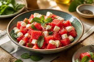 Wassermelonensalat mit Feta, frischer Minze und Pinienkernen in einer weißen Schüssel, mit Limettendressing beträufelt