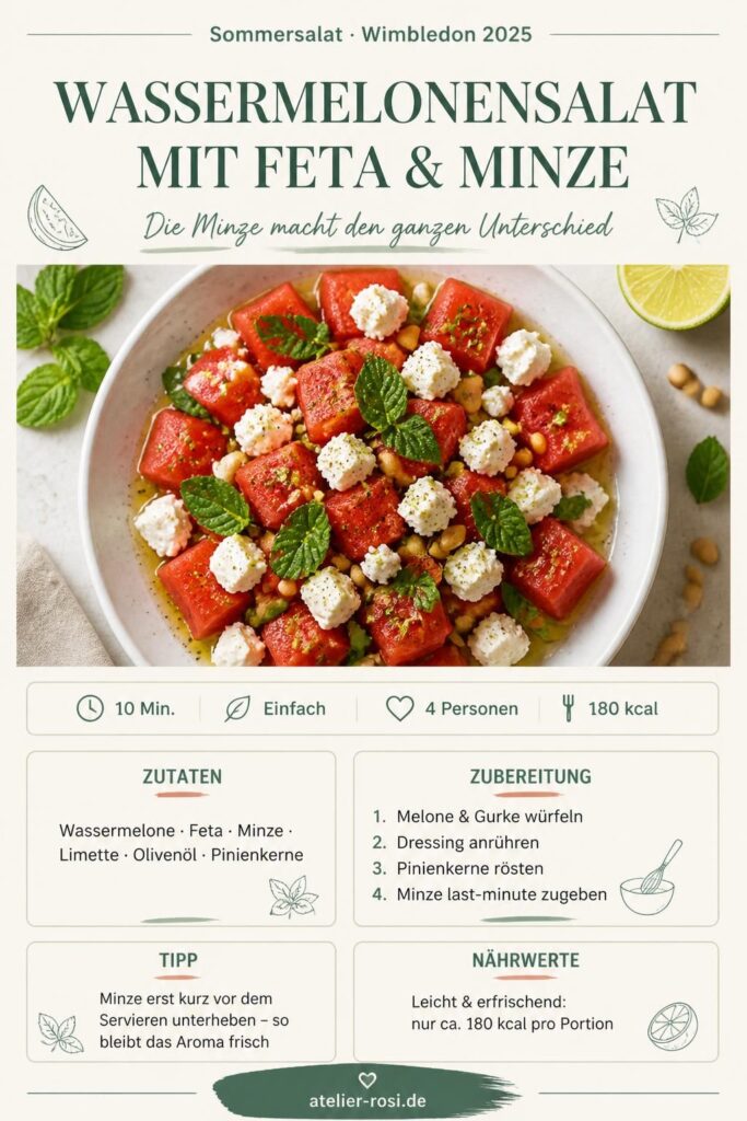 Wassermelonensalat mit Feta, Minze und Pinienkernen – Pinterest-Rezeptkarte