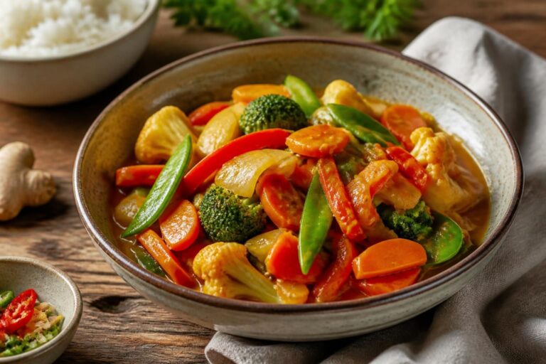 Wok-Curry ohne Kokosmilch mit knackigem Asia-Gemüse, Pak Choi, Paprika und roter Currypaste in einem Wok, von oben fotografiert