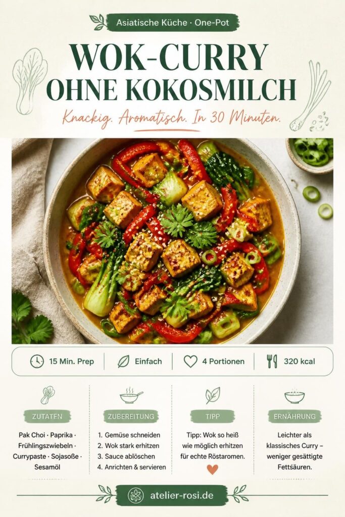 Wok-Curry ohne Kokosmilch mit knackigem Asia-Gemüse, Pak Choi und roter Currypaste – Pinterest-Rezeptkarte