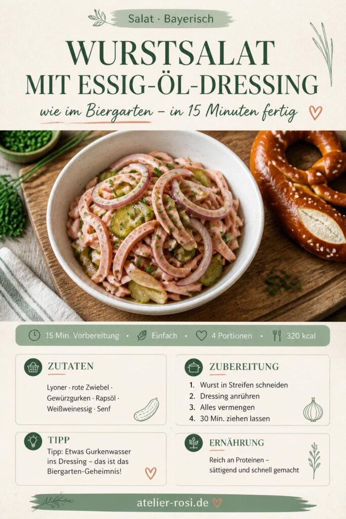Wurstsalat mit Essig-Öl-Dressing in einer weißen Schüssel, mit Schnittlauch und roten Zwiebeln, Pinterest-Pin von atelier-rosi.de