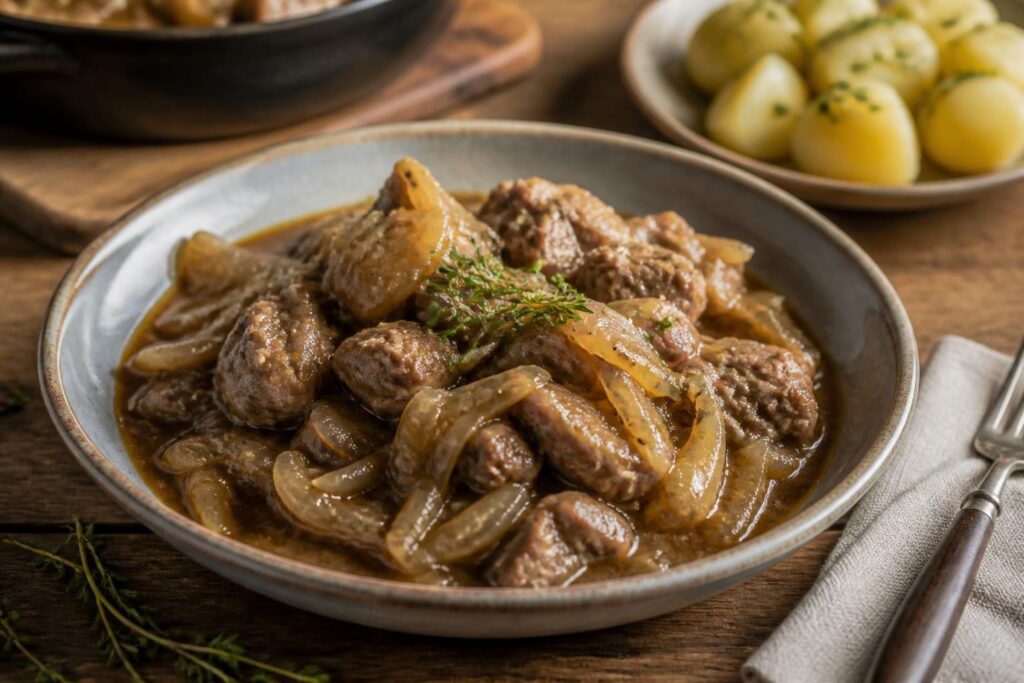 Zartes Zwiebelfleisch nach Omas Rezept in einer Bratenform – saftig geschmorter Schweinenacken mit goldbraunen Zwiebeln und dunkler Schmorsauce