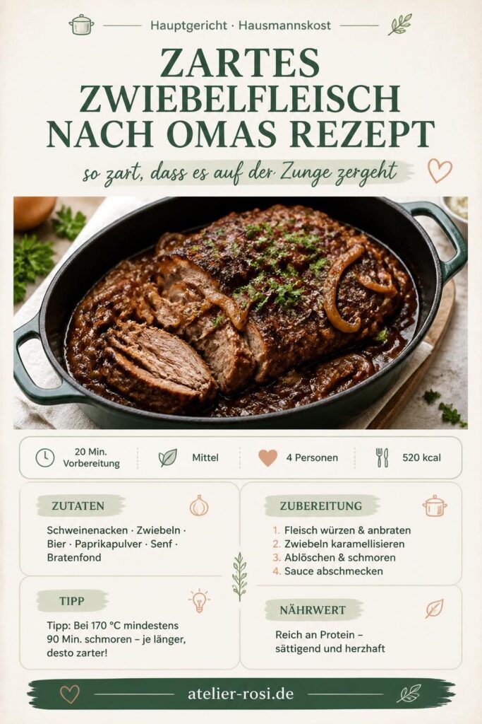 Zartes Zwiebelfleisch nach Omas Rezept – Pinterest-Bild mit Zutaten und Zubereitung