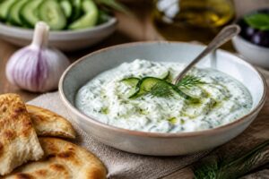 Cremiges griechisches Zaziki in einer weißen Schüssel, garniert mit Olivenöl, frischem Dill und Minzeblättern, serviert mit Pitabrot
