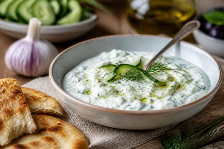 Cremiges griechisches Zaziki in einer weißen Schüssel, garniert mit Olivenöl, frischem Dill und Minzeblättern, serviert mit Pitabrot