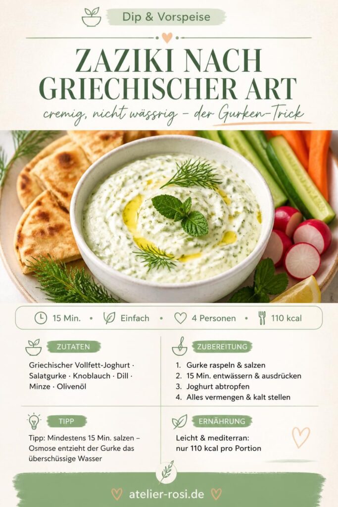 Cremiges griechisches Zaziki in einer weißen Schüssel mit Olivenöl, Dill und Pitabrot – Pinterest-Rezeptkarte
