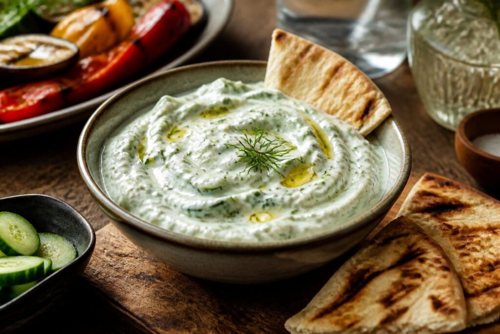 Hausgemachtes Zaziki in einer weißen Schüssel mit Olivenöl, frischem Dill und Gurkenstreifen, serviert auf einem Holzbrett neben Fladenbrot