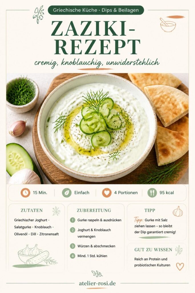 Cremiges Zaziki-Rezept mit griechischem Joghurt, Gurke und Knoblauch – perfekt für den Grillabend