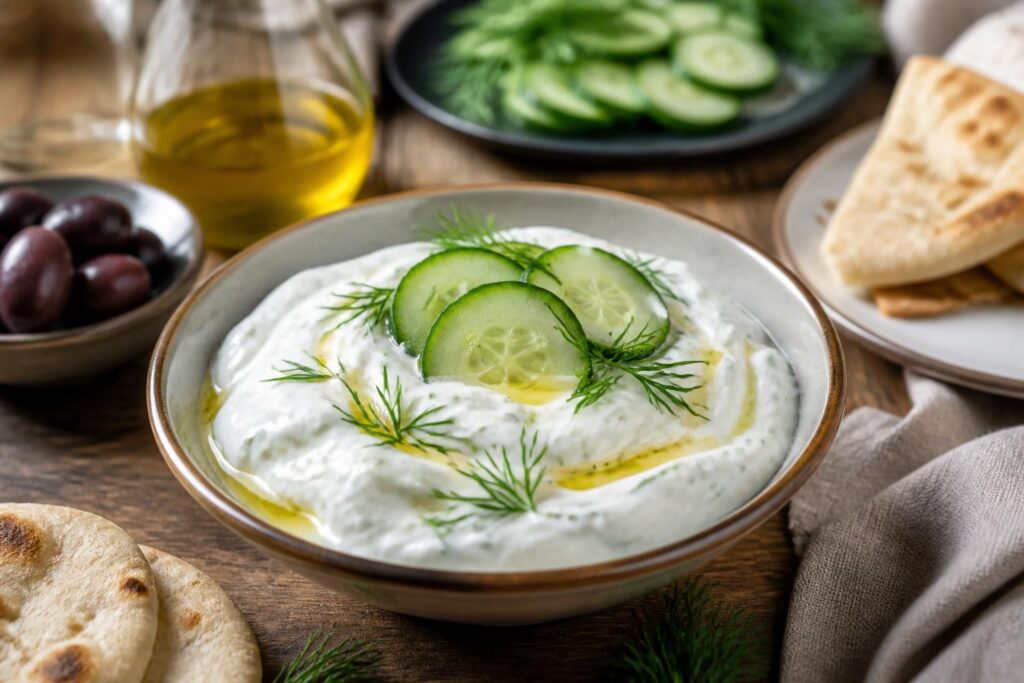 Selbstgemachtes Zaziki in einer weißen Schüssel mit frischem Dill, Olivenöl und Gurken-Scheiben auf einem Holzbrett