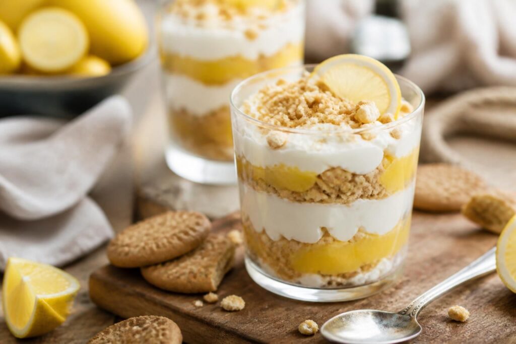 Zitronen-Keks-Dessert im Glas, angerichtet mit Zitronencreme, Kekskrümeln und Zitronenabrieb, von oben fotografiert