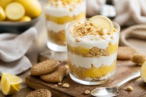 Zitronen-Keks-Dessert im Glas, angerichtet mit Zitronencreme, Kekskrümeln und Zitronenabrieb, von oben fotografiert